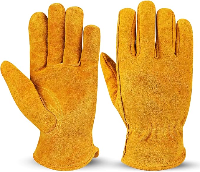 OZERO Leather Work Gloves, Gardening Gloves, Cowhide, Mesh Lining, 1Pair, M | Flexible Grip, Keystone Thumb, Elastic Wrist, Breathable Unlined Comfort for Yard Work, Firewood, Landscaping and Farm Tasks