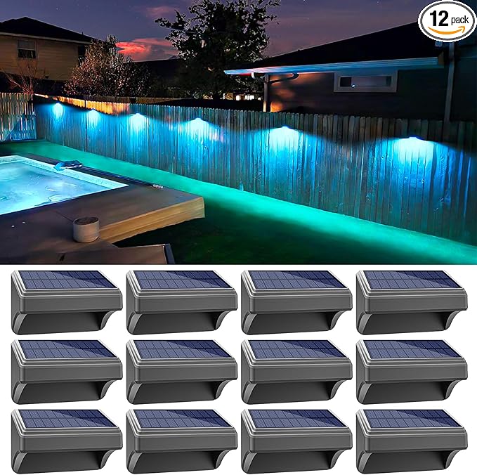 Aulanto 12 Pack Solar Fence Lights, IP65 Waterproof Outdoor Lights with Warm White and RGB Color Modes for Backyard, Garden, Wall, Deck, Stairs