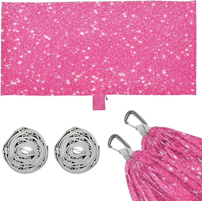 Pink Sparkling Glitter Camping Hammock, Portable Lightweight Single Hammock with Tree Straps and Aluminum Carabiners, 114" x 54" Travel Hammock for Hiking Backpacking Beach