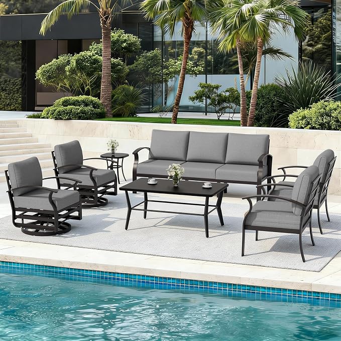 ALAULM Aluminum Patio Furniture Set with Coffee Table Rectangular, 7-seat Outdoor Sectional Furniture w/Swivel Chairs, Patio Conversation Set for Porch, Backyard, Poolside-Grey