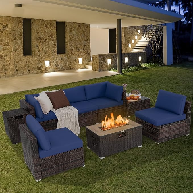 Tangkula 8 Piece Outdoor Wicker Sofa Set, Patio Rattan Conversation Set w/32” Propane Fire Pit Table & Tank Holder, 40,000 BTU Heat Output, Cozy Seat & Back Cushions, Fire Pit PVC Cover (Navy)