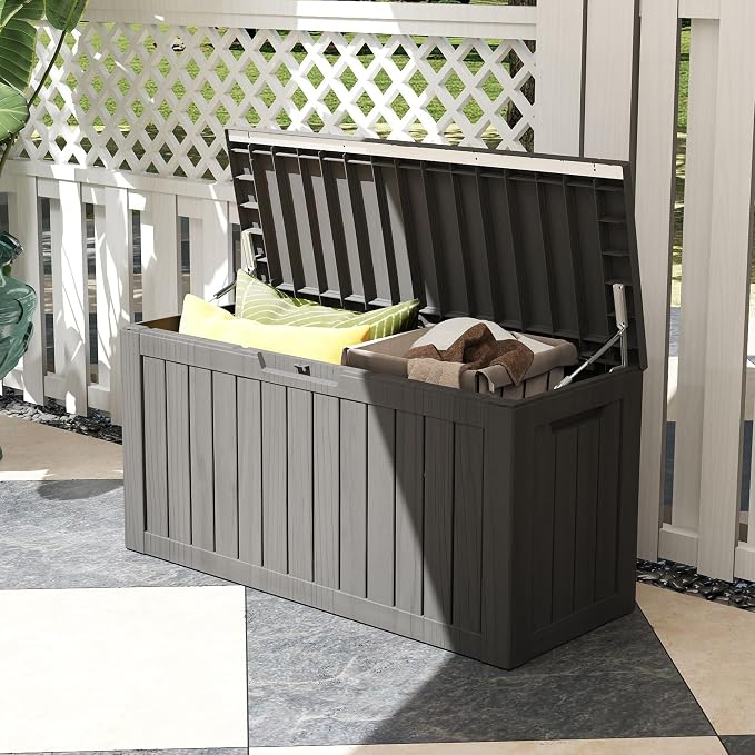 80 Gallon Deck Boxes Outdoor Waterproof, Outdoor Storage Box with Lockable Lid & UV-Resistant for Patio Furniture, Outdoor Cushions, Garden Tools and Pool Supplies, Light Brown
