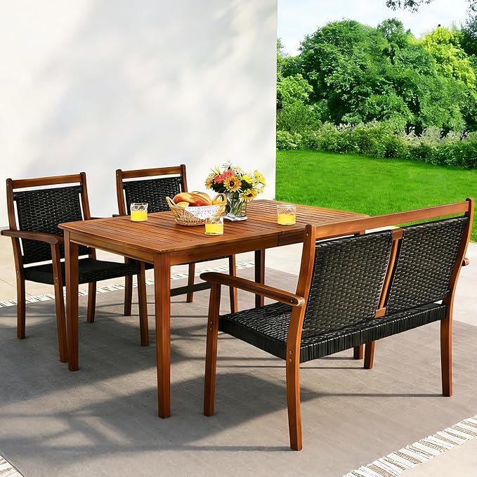 COSTWAY 4 Piece Patio Rattan Dining Furniture Set, Outdoor Acacia Wood Frame Loveseat, Chairs and Table Set with Umbrella Hole for Garden, Backyard, Lawn