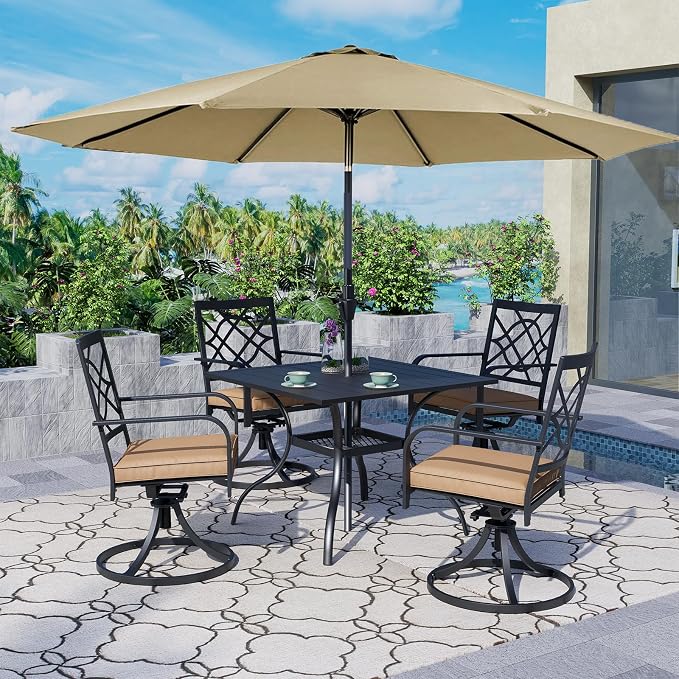 Crownland 5 Piece Patio Dining Set, 4 Swivel Metal Chairs and Square Outdoor Dining Table with Khaki 9FT Round Outdoor Umbrella (Metal Tabletop)