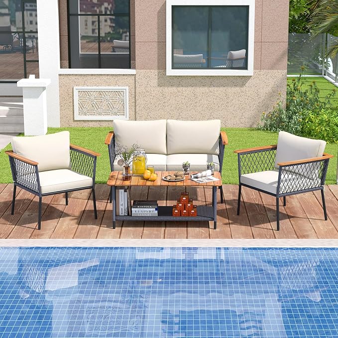 Tangkula 4 Piece Patio Furniture Set, Patiojoy Rattan Chair Set w/ 2-Tier Coffee Table, Acacia Wood Armrests & Tabletop, Soft Seat & Back Cushions, Outdoor Wicker Conversation Set