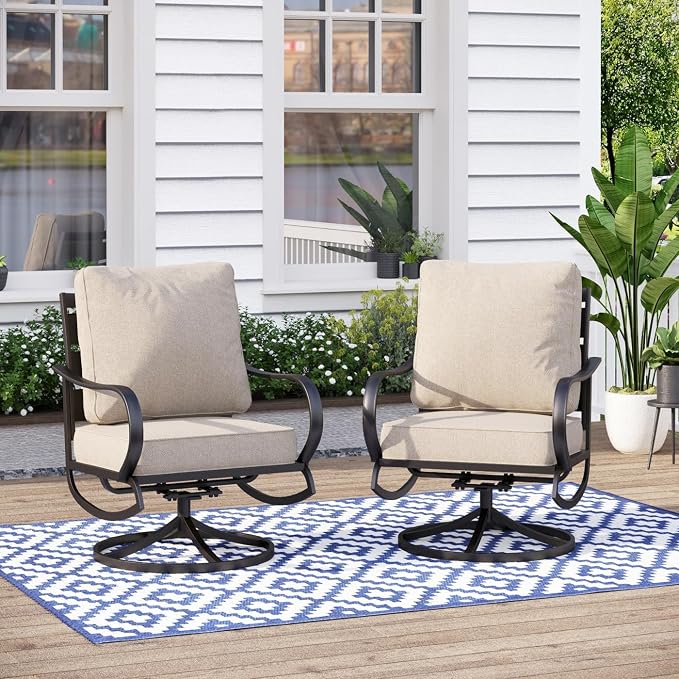 MFSTUDIO Metal Patio Conversation Sets, Outdoor Furniture Sofas Set of 2, 2 Pieces Durable Steel Frame Patio Swivel Chairs with 5.8" Beige Cushions for Patio Garden Backyard Balcony