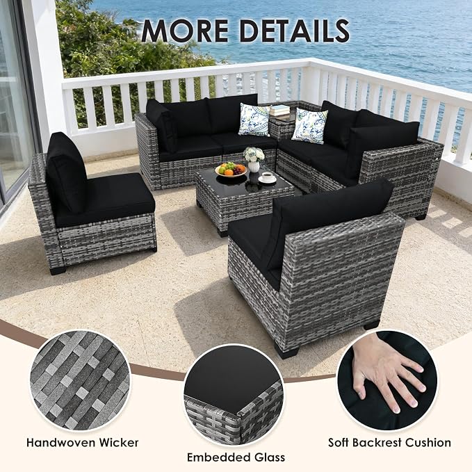 8 Pieces Patio Furniture Set with Storage, Outdoor Sectional Sofas | Storage Box with a Waterproof Bag, Wicker Modular Outdoor Sectional Furniture with Thick Cushions for Deck, Porch, Black