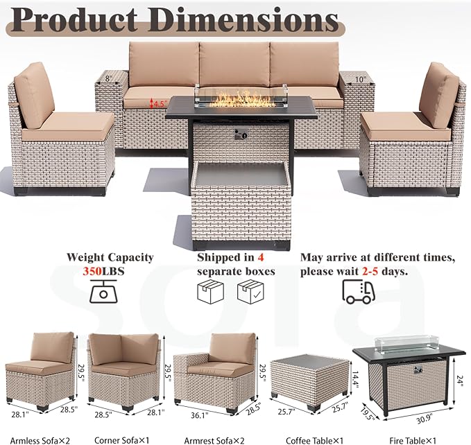 7 Pieces Patio Furniture Set with Fire Pit Table, Outdoor Sectional Wicker Sofa with Thickened Cushions and Coffee Table, High Back Rattan Patio Conversation Sets, Khaki