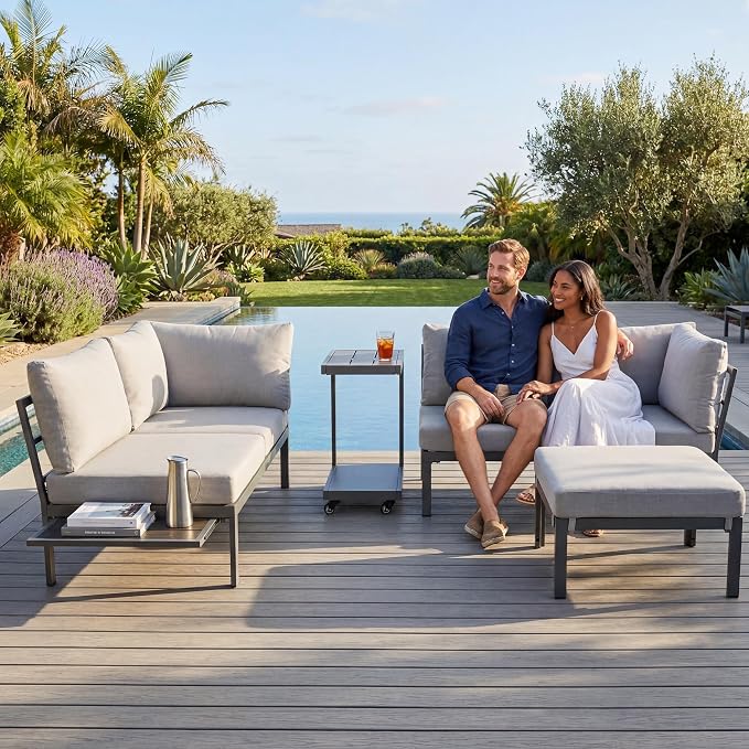 Patio Sectional Sofa Set for 4/5, All Weather Patio Furniture Set, Outdoor Patio Conversation Set with Cushions, Modular Patio Sofa Couch with Ottoman/Rolling Side Table for Fire Pit, Grey