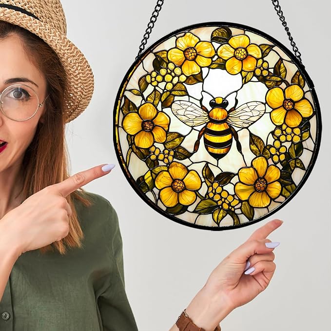 Stained Glass Window Hanging - Yellow Flowers Surrounded by Bees Sun Catcher for Door Garden Home Decor Cute Suncatcher Christmas Mother's Day Birthday Gifts for Women Men Mom Nana 15 in