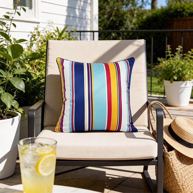 Waterproof Outdoor Pillow Covers 18x18 Inch Set of 2, Colorful Stripe Decorative Throw Pillow Cover with Piping, Modern Farmhouse Cushion Cases for Summer Patio Garden Porch Balcony Beach