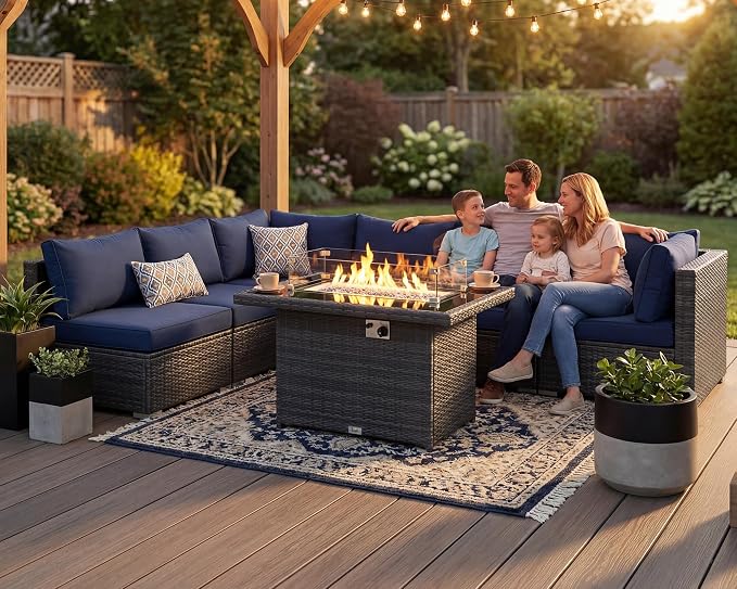RADIATA 7 Piece Wicker Patio Furniture Set with Fire Pit, All-Weather Outdoor Sectional Couch High Back Large Size, Modular Backyard Seating Sofa Set with Propane/Natural Gas Firepit Table, Grey&Blue