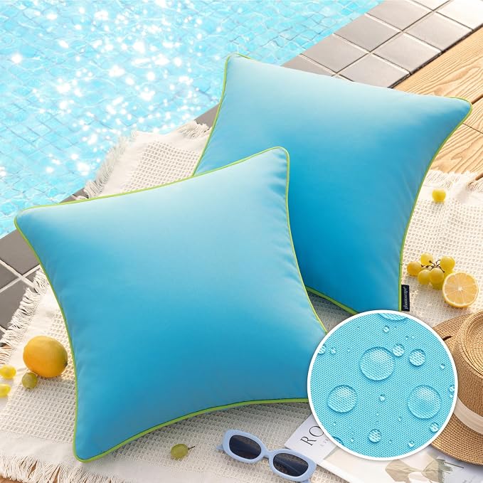 Phantoscope Pack of 2 Outdoor Waterproof Throw Pillow Covers with Contrast Piping, Decorative Square Cushion Case Patio Pillows for Couch Tent, Sky Blue 18x18 inches