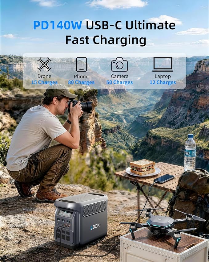 ABOK Elux1 1024Wh Portable Power Station with Asp200 200W Solar Panel, LiFePO4 Battery, 1800W AC Output, PD140W/100W, UPS, Solar Generator Max 1000W Solar Input, Expandable to 5120Wh, 12 Output Ports