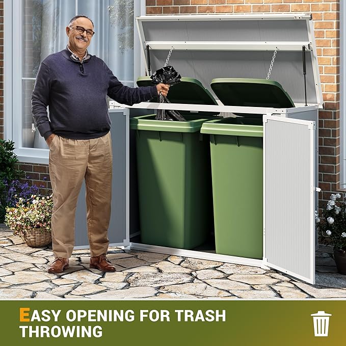 Storage Shed Outdoor Weatherproof Resin Storage Shed with Floor 41 Cu.Ft with Gas Spring, Lockable Doors for Trash Can Storage, Garden Tools, Suitable for patios, Poolside（Light Grey）