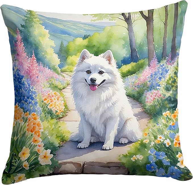 Caroline's Treasures American Eskimo Spring Garden Throw Pillow Machine Washable, Indoor Outdoor Decorative Pillow for Couch, Bed or Patio, 18Hx18W