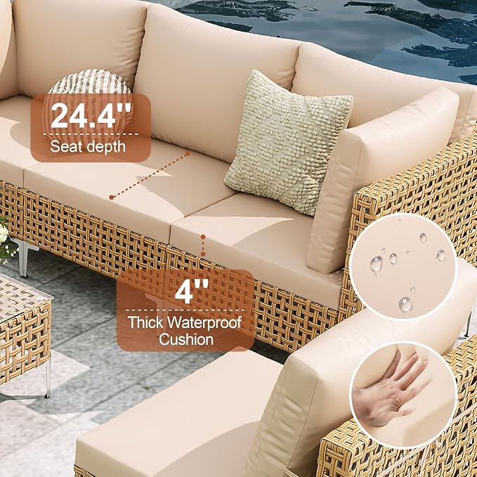 Outdoor Wicker Patio Furniture Set - 7 Piece | Outdoor Wicker Sectional Couch, Weave Rattan Sofa, with Coffee Table & Thick Cushion, Perfect for Deck, Garden, Backyard