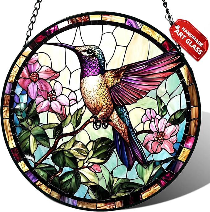 Hummingbird Stained Glass Suncatcher Window Hanging Flowers Gifts for Mom | 6.3in Garden Sun Catcher, Bird Pink Flowers Ornament for Door Home, Gift for Bird Lovers Grandma & Mother's Day Christmas
