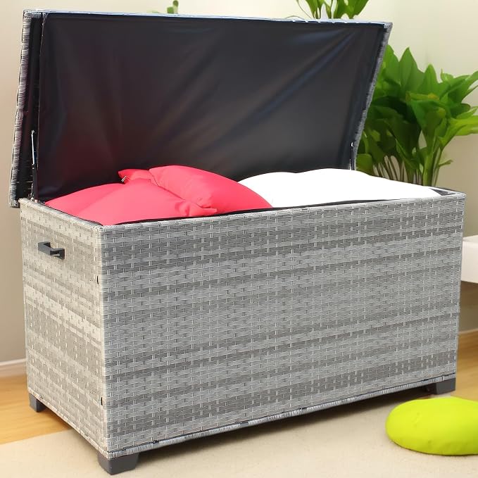 148 Gallon Deck Box Storage, Large Outdoor Weatherproof Storage Box with Lid,Wicker Outdoor Cushion Storage Box for Porch,Patio,Garden,Poolside,Tools,Toys (Light Grey, 55.50 Inch)