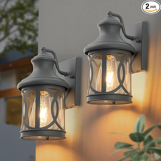 2-Pack Outdoor Wall Lights, Porch Lights, Waterproof Outdoor Wall Sconce, Exterior Light Fixture Grey Finish with Clear Glass Shade for Garage Patio Front Door Balcony