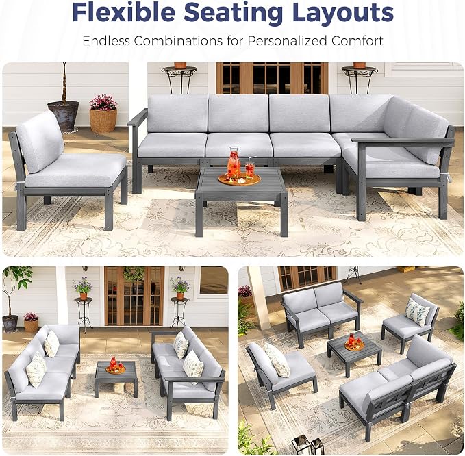 Modular Outdoor Patio Furniture Arm Seat, HIPS All-Weather Outdoor Sectional Sofa with High-Density Thick Cushions, Easy Side Interlock, Patio Seat for Backyard, Balcony, Deck (Grey)