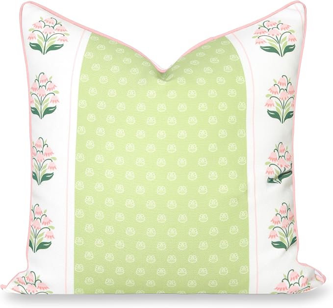 Hofdeco Premium Grandmillennial Patio Indoor Outdoor Throw Pillow Cover Only, 20"x20" Water Repellent for Backyard, Couch, Poolside, Grass Green Pink Print Block Print Striped Lily of the Valley
