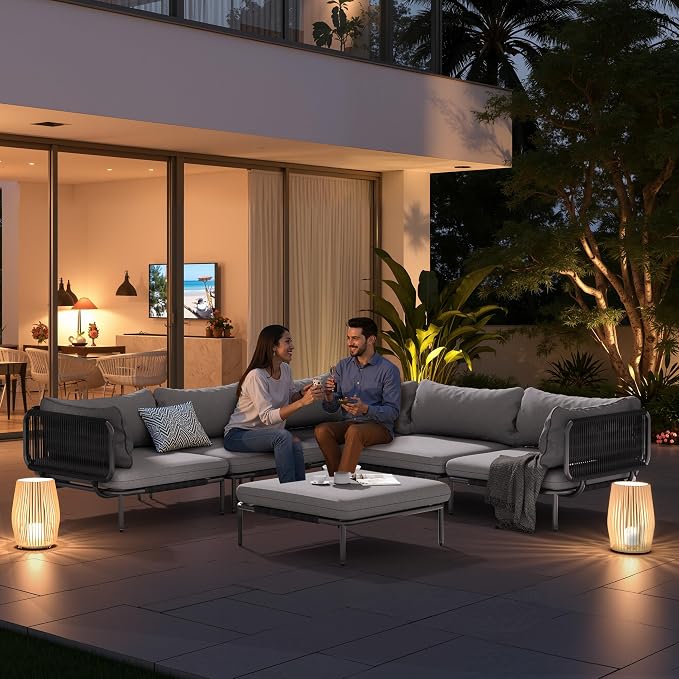 6-Piece Patio Furniture Set, Oversized Outdoor Sectional Sofa with Thick Cushions, Weather-Resistant Metal Frame Conversation Set for Backyard, Garden, Poolside - Dark Grey Cushions