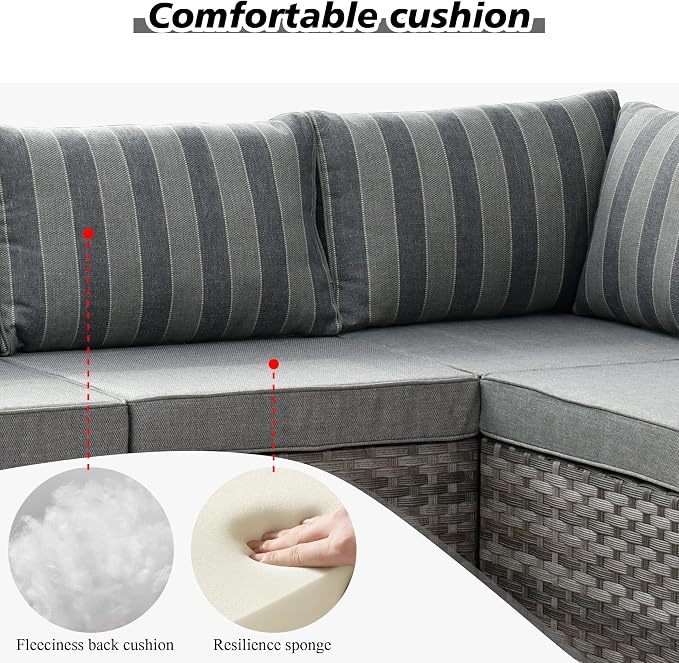 HOOOWOOO Modular Patio Outdoor Sectional Furniture Set with Gas Propane Fire Pit Table,7 Piece Wicker Conversation Sofa Set,Out Door Couch Set with Wide Arm Outside(Grey Stripes)