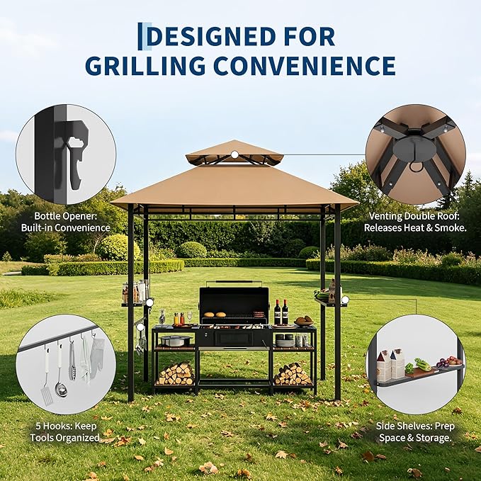 Garvee 8' x 5' Outdoor BBQ Grill Gazebo, Double-Tiered Vented Patio Canopy Tent with 2 Side Shelves for Cooking and Outdoor Entertaining
