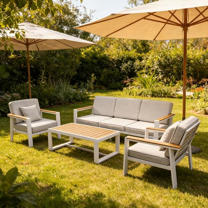 Aluminum Patio Furniture Set, Modern Metal Outdoor Conversation Sectional Sofa with Washable Thick Cushions, Coffee Table and Waterproof Cover (White, 1088-5seat)