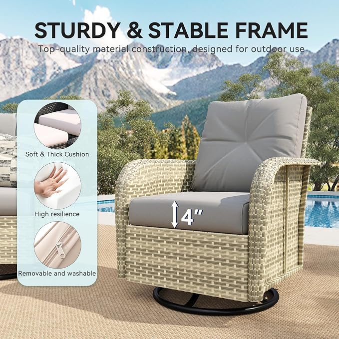 LazySunsets 7 Piece Outdoor Patio Furniture Set with 44'' Fire Pit Table, Wicker Rattan Outdoor Furniture with High Back Swivel Rocker Chairs, Outdoor Sofa Set with Thick Cushions, Grey