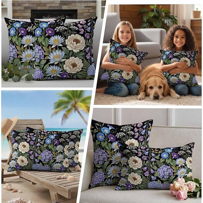 Water Lily Hydrangeas Ferns Outdoor Pillow Covers 24"x24" Set of 2, Botanical Vintage Waterproof Throw Pillow Covers for Patio Furniture, Decorative Cushion Covers for Porch