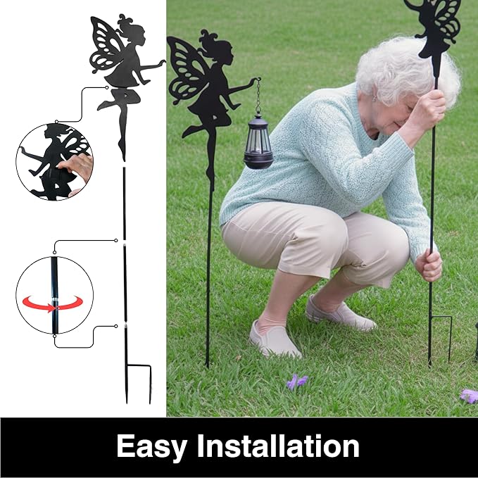 Solar Fairy Garden Accessories Outdoor 1 Pair - Metal Stakes Decorative Figurines Housewarming Ornament for Patio, Lawn, Yard, Pathway - Unique Gift Ideas for Mom Grandma (Type A Color-Shifting)