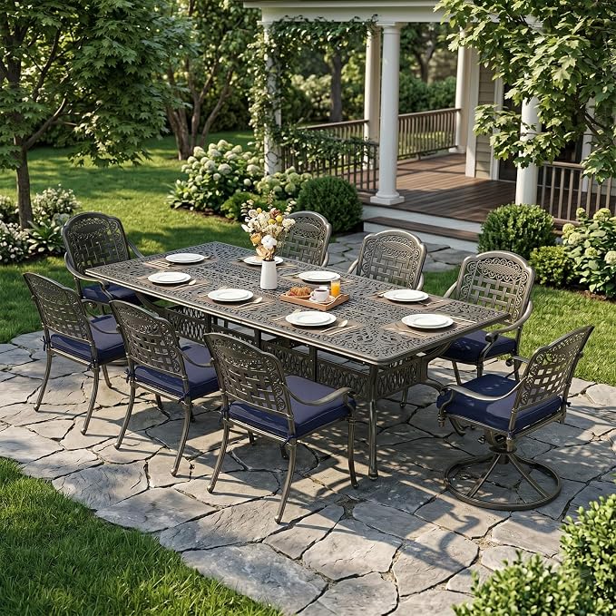 MEETWARM 9-Piece Outdoor Patio Dining Set for 8, All Weather Cast Aluminum Patio Funiture Table and Chairs Set- 94.5” Rectangular Table and 2 Swivel Rocker Chairs, 6 Stationary for Garden, Navy Blue