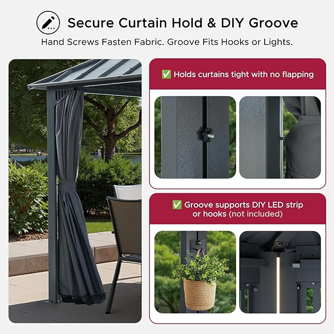 SUNJOY Kingston 16' x 12' Hardtop Gazebo with Galvanized Steel Double Roof, Curtain and Netting, Gray Aluminum Posts Permanent Pavilion Gazebo for Garden, Patio, Deck, Lawn
