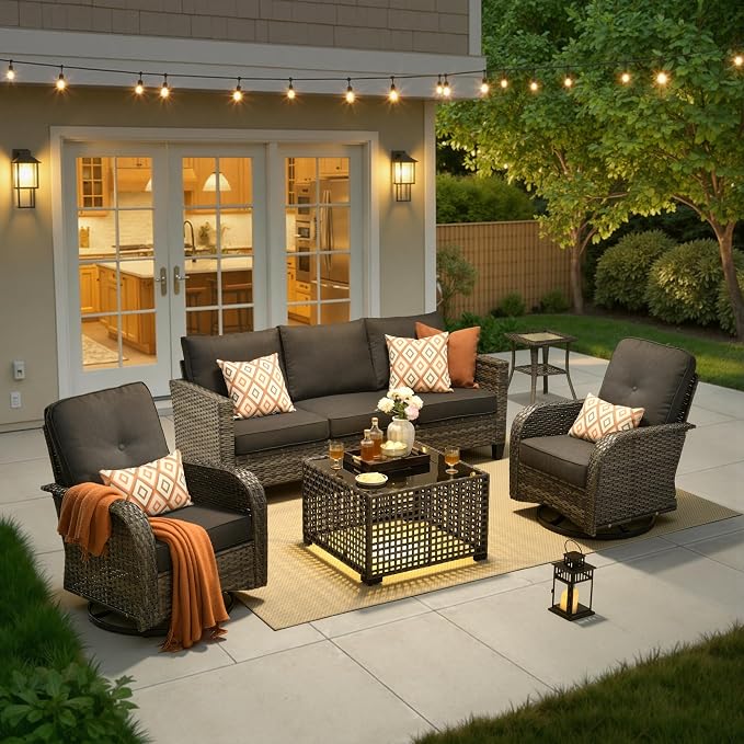 5 Piece Wicker Patio Furniture with Swivel Rocker Chair, Black | High Back Swivel Rocker Chairs, All Weather Rattan Outdoor Sofa, Solar Lights Table, Modern Conversation Sets, Deck Backyard