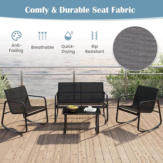 Tangkula 8 Piece Rocking Patio Furniture Set, 4 Rocking Chairs & 2 Loveseat with Glass-Top Table, Patio Rocking Set with Smooth Rocking Motion, Outdoor Rocker Conversation Set for Porch, Yard