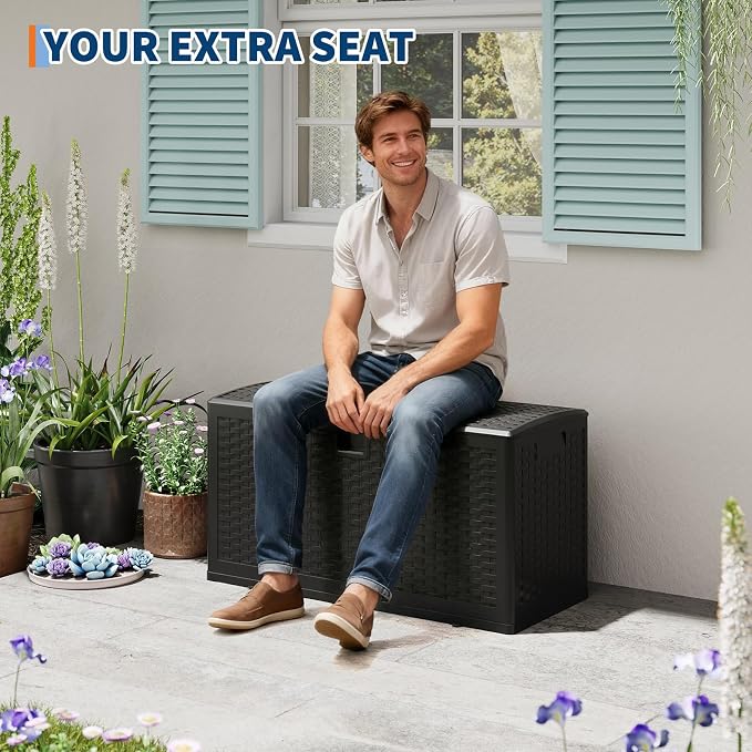 IDEALHOUSE Outdoor Storage Box, 73 gal Resin Deck Box Waterproof Lockable for Patio, Heavy-Duty Outdoor Storage Bench, Outside Container for Cushions Shoes Pool Garden Gear, Rattan-Style, Black