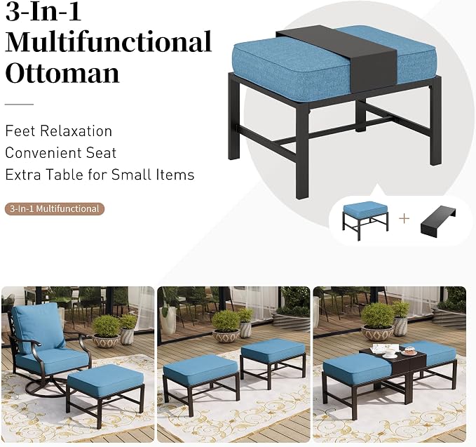 SUNSHINE VALLEY 7 Piece Metal Outdoor Patio Furniture Sets, Patio Conversation Sets 1 3-seater Sofa, 2 Fixed Chair, 2 Rocking Chair, 2 Ottomans with 5.75" Thick Cushion, Black Backyard Furniture, Navy