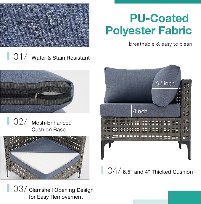 Patiorama 7 Piece Wicker Patio Furniture Set, Metal-Colored PE Rattan Outdoor Sofa Set Patio Sectional with Water Resistant Cushion and Coffee Table, Outdoor Couch, Porch, Backyard-Denim Blue