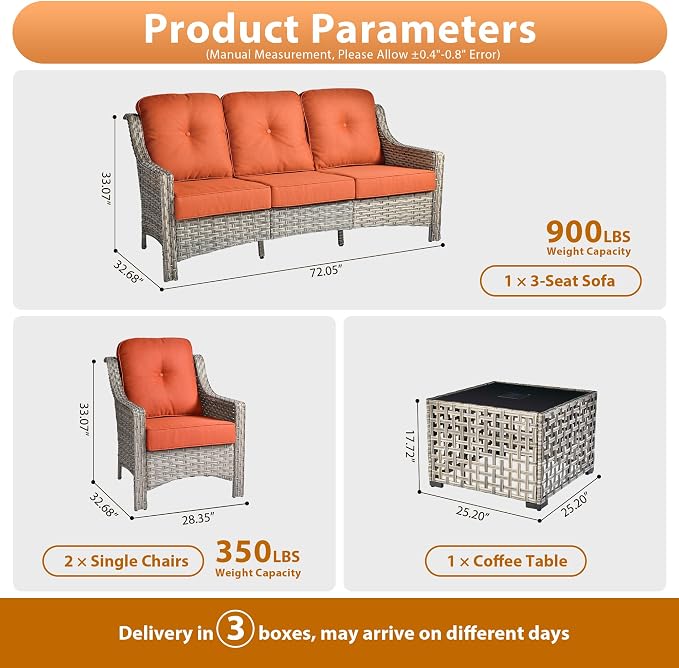 Outdoor Patio Furniture Sets, 4 PCS Patio Conversation Set Outside Rattan Sofa with Solar Light Coffee Table Comfy Cushions Fit Backyard Porch Garden Poolside Balcony,Orange Red