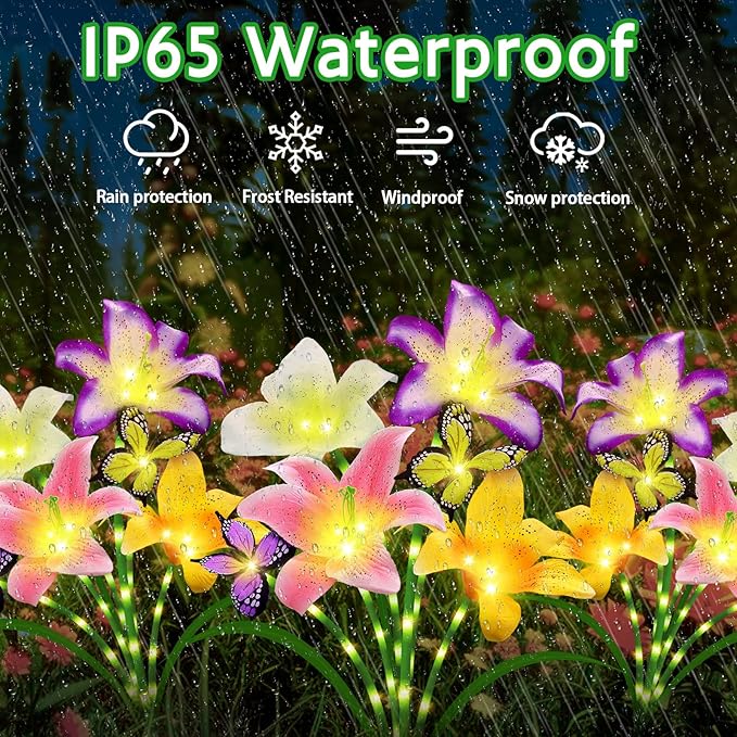 Solar Garden Lights 6 Pack 24 Lily Flowers with Butterfly Decor, Gifts for Mom Woman Birthday Solar Flower Lights for Outside,Cemetery Flowers for Grave - Decorative Lilies for Yard, Patio, Pathway
