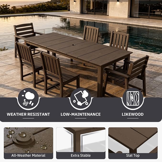 AreShark 9-Piece Outdoor Dining Set,HDPE Patio Table with 8 Armless Chairs,All-Weather Patio Furniture Set with Umbrella Hole,Low Maintenance Wood Grain Dining Set for Backyard,Garden,Poolside,Black