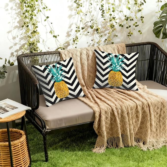 18x18 Inch Outdoor Pillow Covers Set of 2 Waterproof Throw Pillow Covers Decorative Couch Cushion Covers Pineapple On Stripes Square Pillowcases Protectors for Patio Garden Sofa