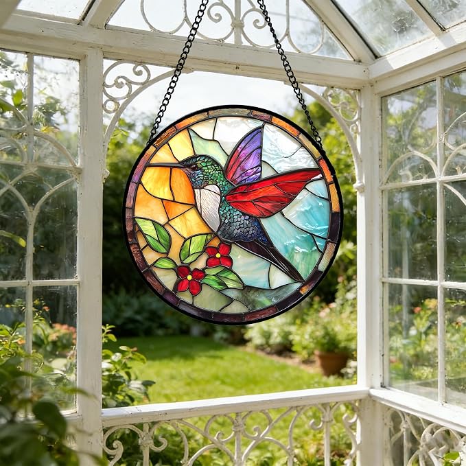 DASTOLL Stained Glass Window Hanging, Hummingbird Gifts Sun Catchers Diamond Glass Panel Hangings Birds Suncatcher Decor for Birthday for Women, Men, Wife, Aunt, and Mom 6.3 in