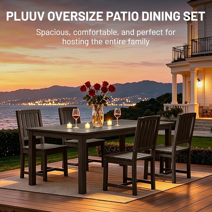 PLUUV 5-Piece Outdoor Dining Set – HDPE Patio Furniture with Aluminum Table, Umbrella Hole, and 4 Armless Chairs, All-Weather Resistant for Garden & Backyard, Coffee