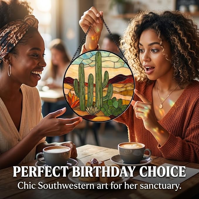 Birthday Gifts for Women - Desert Cactus Faux Stained Glass Window Hanging Sun Catcher for Door Garden Acrylic Home Decor Mother's Day Christmas for Mom Nana Friend Grandma Wife 9.8"