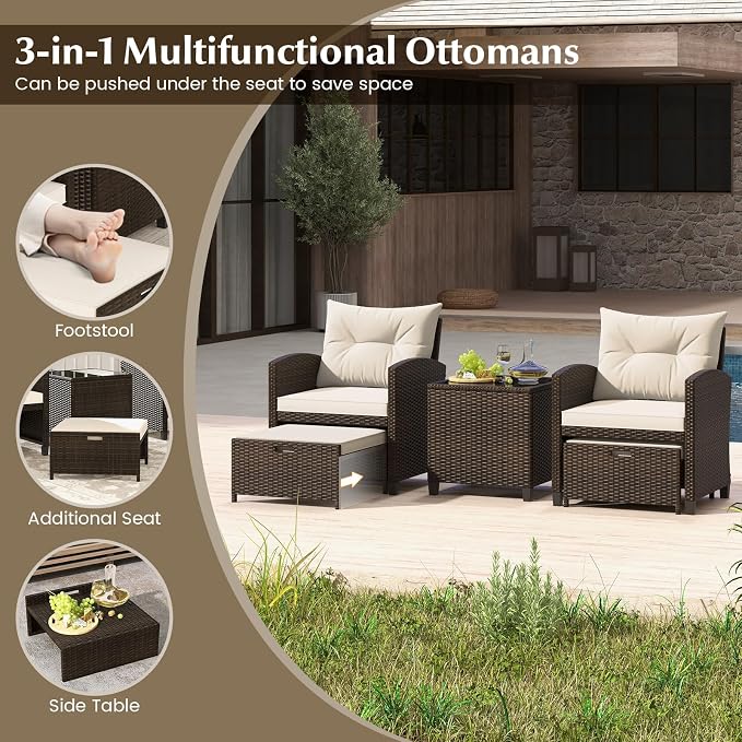 HAPPYGRILL 5-Piece Outdoor PE Rattan Conversation Set, Wicker Patio Furniture Set with Cushion, Ottoman & Coffee Table for Backyard Garden Poolside Lawn Deck Porch (Mix Brown & Off White)