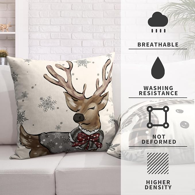 Christmas Pillow Covers 18x18 Set of 2 Brown Snowman Reindeer with Snowflakes Throw Pillow Covers Decorative Cotton Linen Cushion Case for Home Decor Couch Living Room