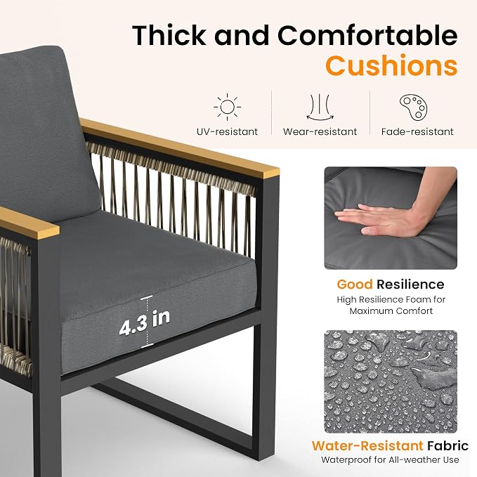 Pamapic 6 Pieces Outdoor Patio Furniture Set with Wicker Handrails, Plastic-Wood Balcony Furniture with Wicker Arm Panel, All-Weather Metal Patio Conversation Sets with Cushion and Coffee Table